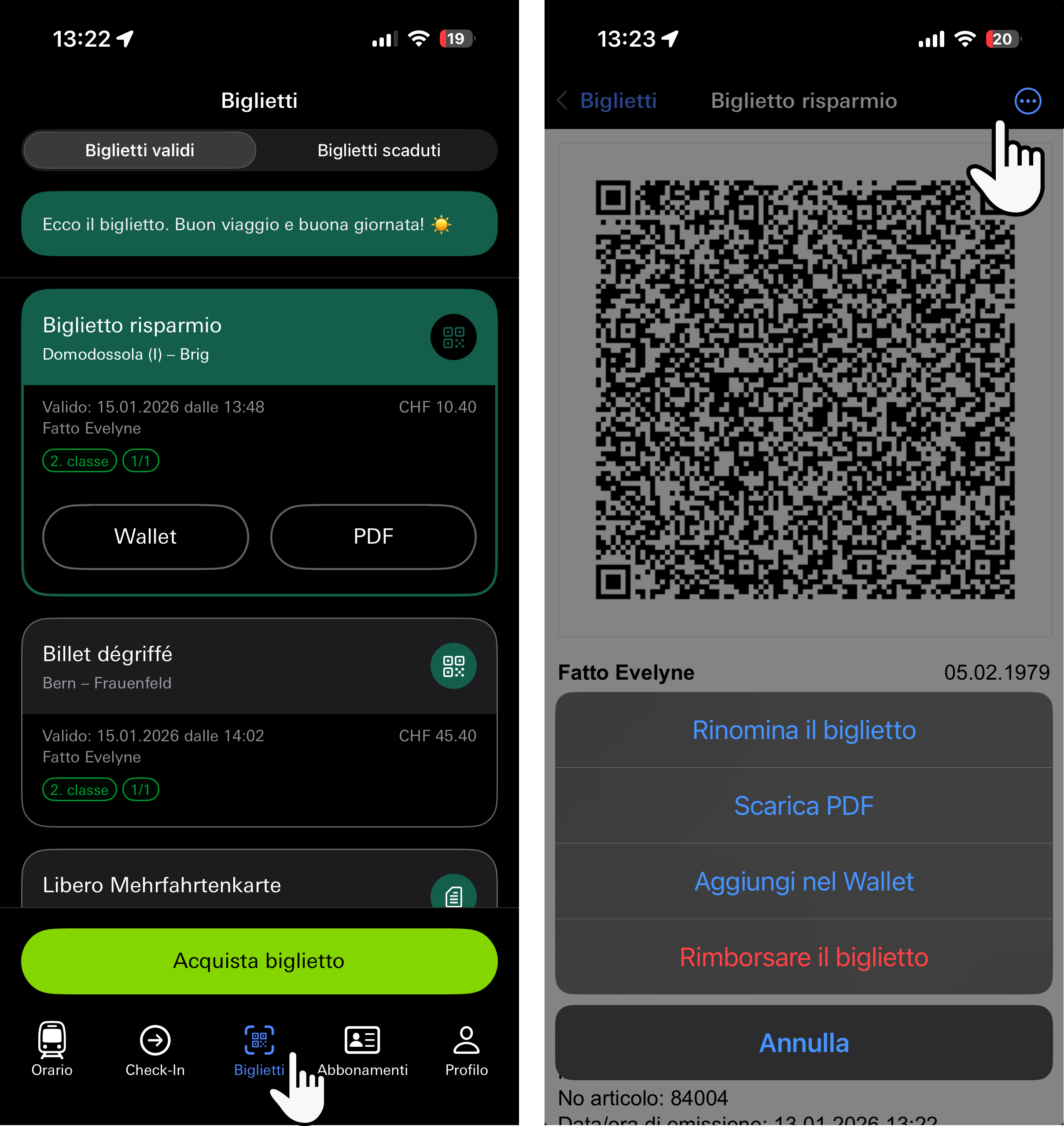 Rimborsare un biglietto nell'applicazione BLS Mobil