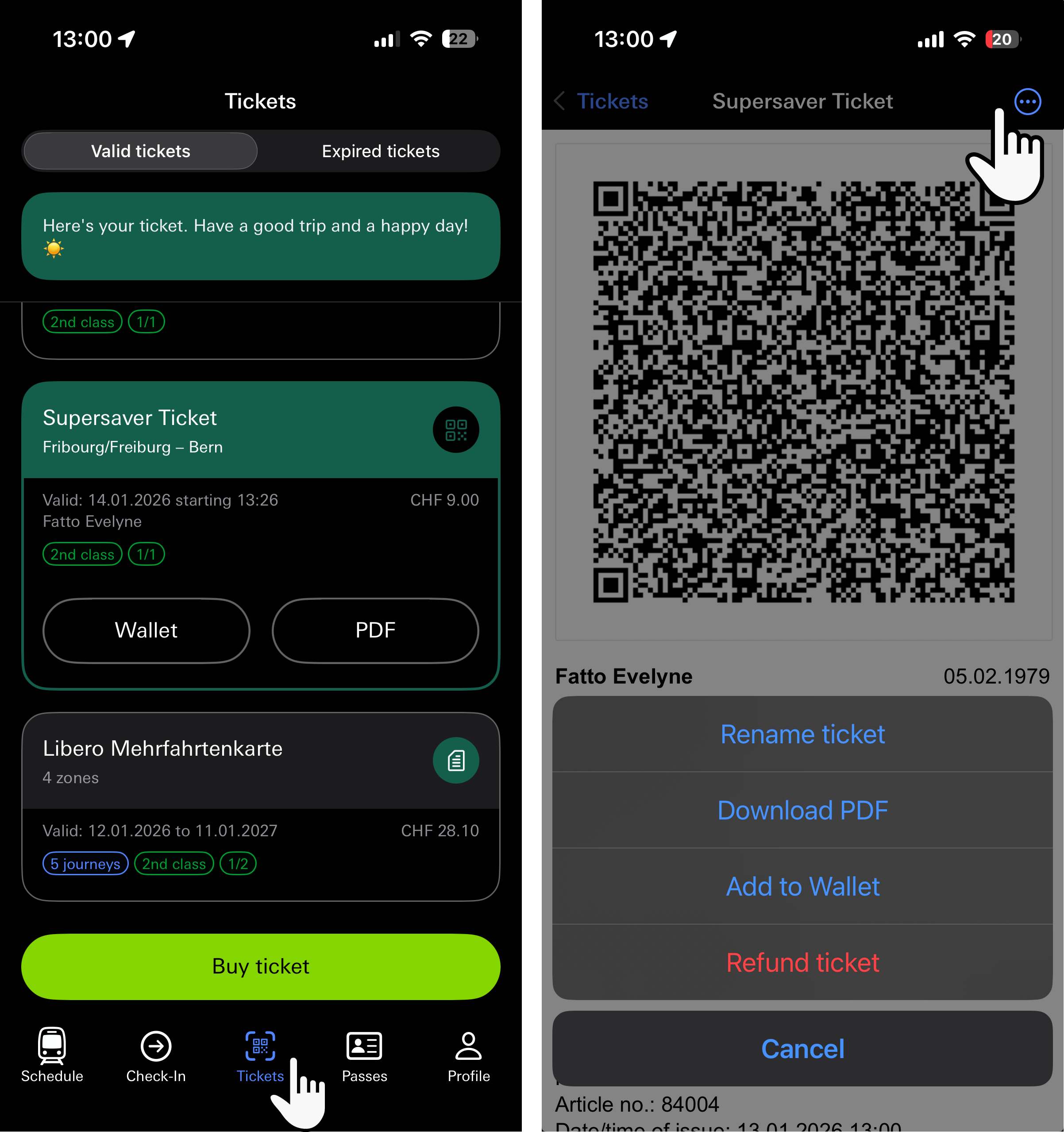 Refunding a ticket in the BLS Mobil app