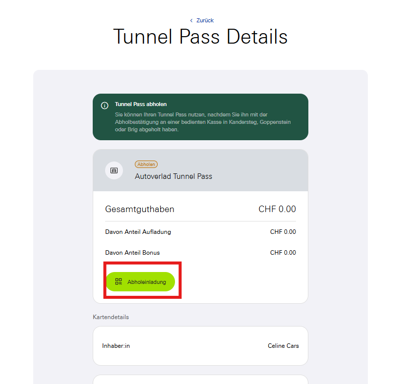 Abholungseinladung Tunnel Pass holen